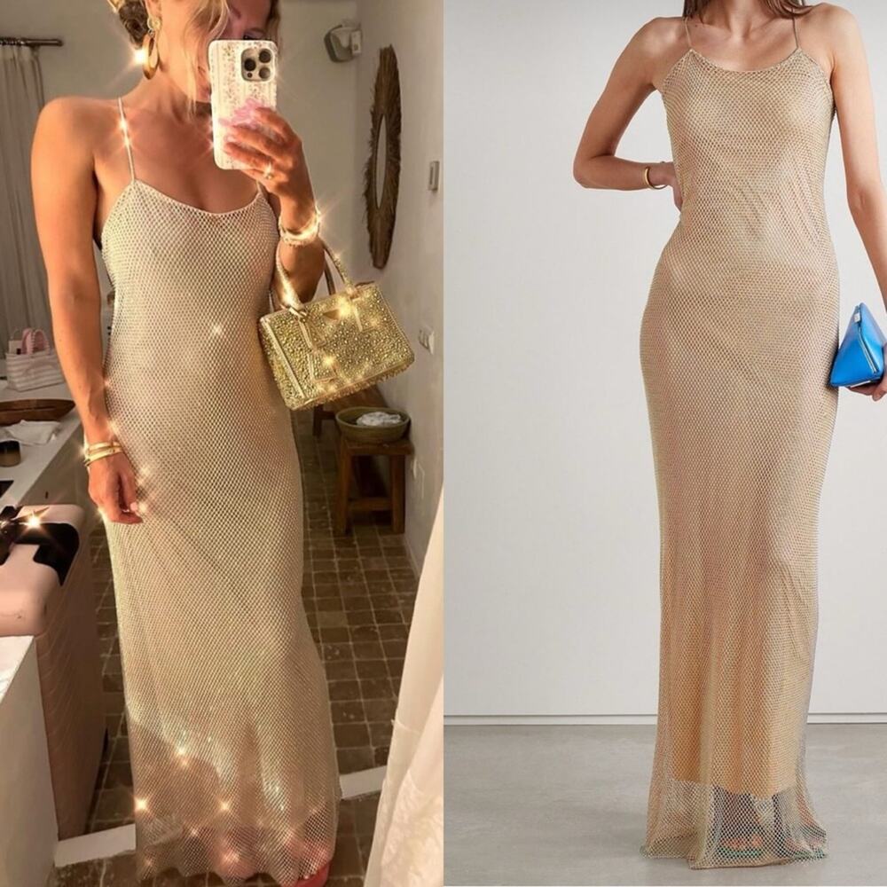 LoveShackFancy Calvert Beaded Crystal Embellished Mesh Maxi Dress Size 4